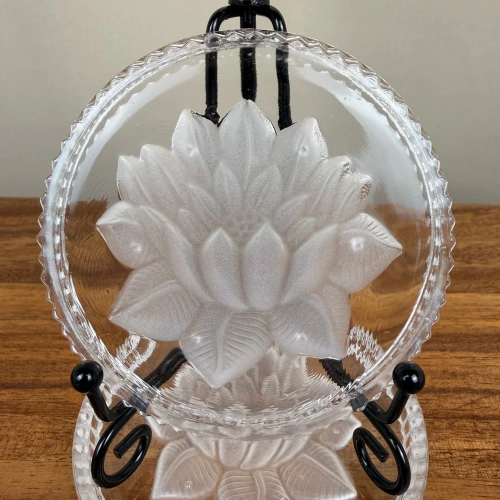 Pair of Vintage Frosted Lotus Flower Clear Glass Coasters West German